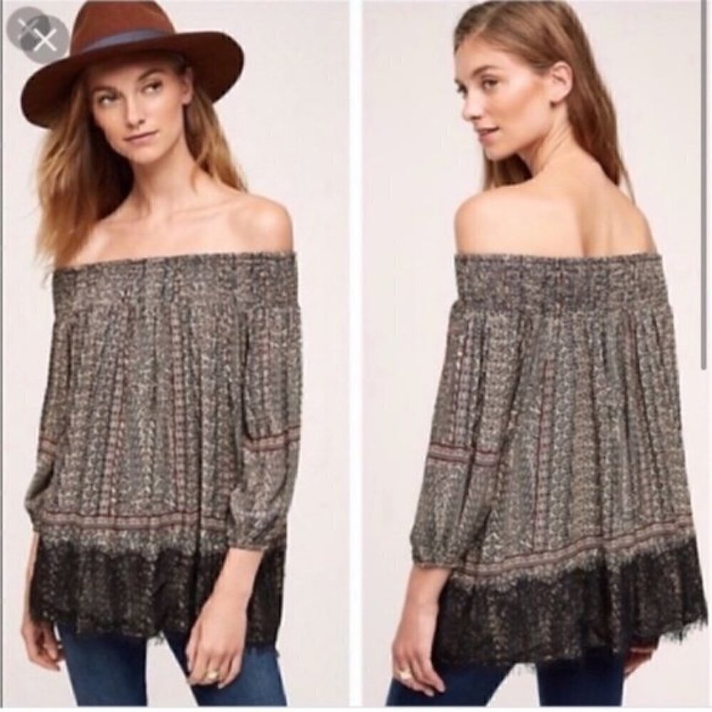 Vanessa Virginia Anthro Off the Shoulder Smocked Lace Blouse Paisley Ink Sz S